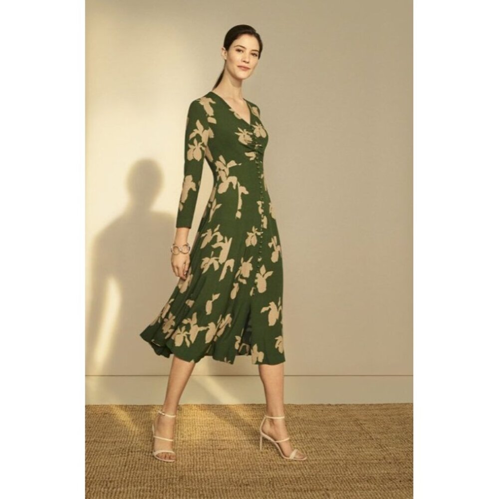 The Fold Lochaline Dress Button Front 3/4 Sleeve  V Neck Floral Green Size 12‎
